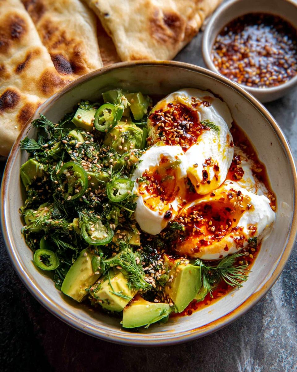 A healthy meal recipe bowl with poached eggs, avocado, jalapeños, dill, and chili oil, served with flatbread.
