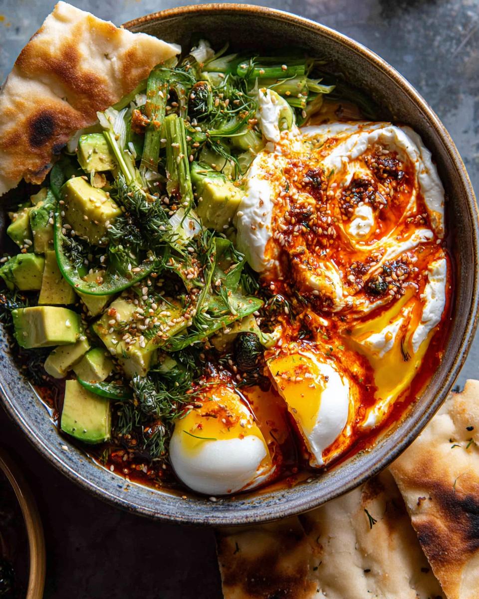A vibrant bowl of healthy meals recipes with poached eggs, avocado, greens, and chili oil, served with flatbread.