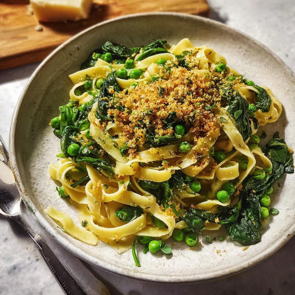 A close-up of a healthy pasta dish with fettuccine, peas, spinach, and toasted breadcrumbs, perfect for quick weeknight meals.