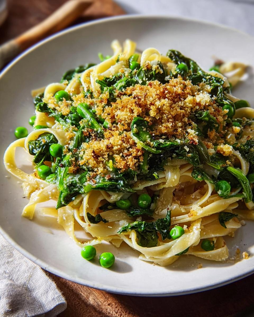 A plate of fettuccine pasta with peas, spinach, and toasted breadcrumbs, part of healthy meals recipes.