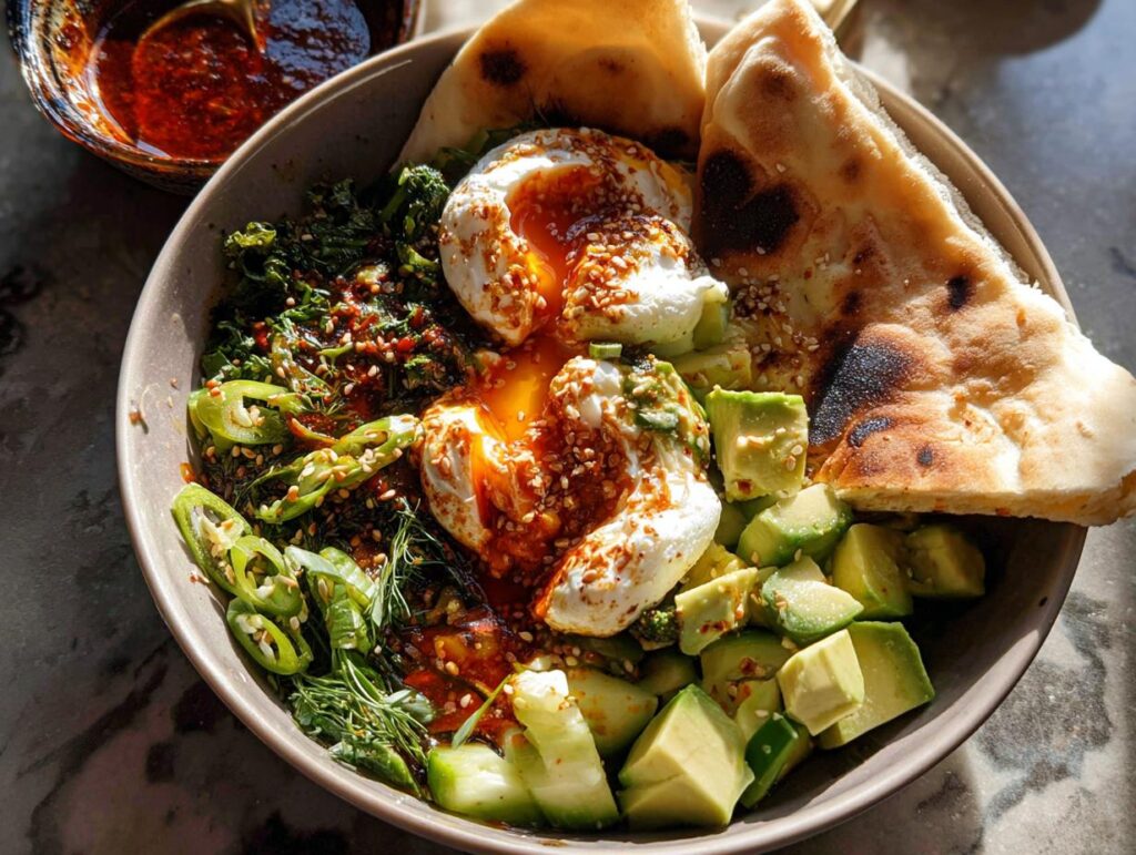 A healthy meal recipe featuring poached eggs with runny yolks, avocado, greens, and flatbread, drizzled with chili oil.