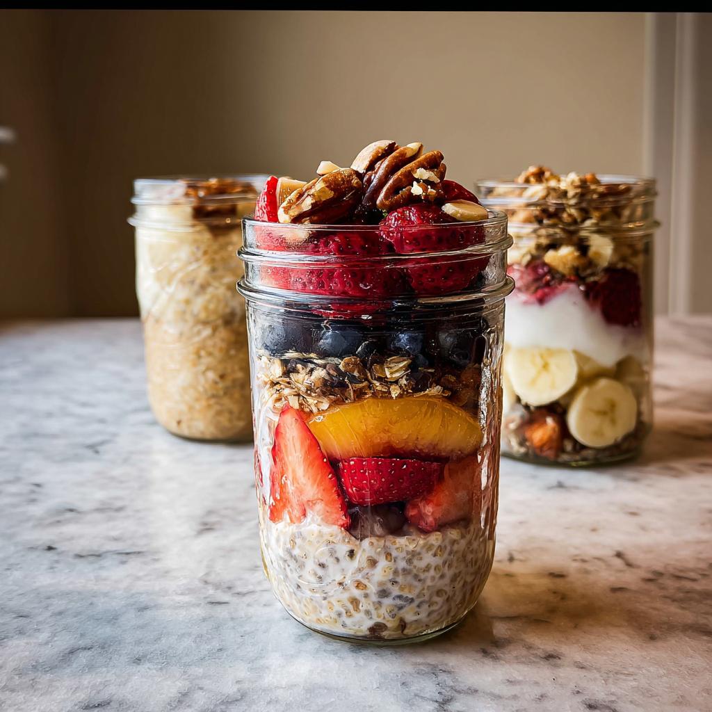 Close-up of layered healthy meals recipes in jars: overnight oats with chia seeds, fruit, granola, and nuts.