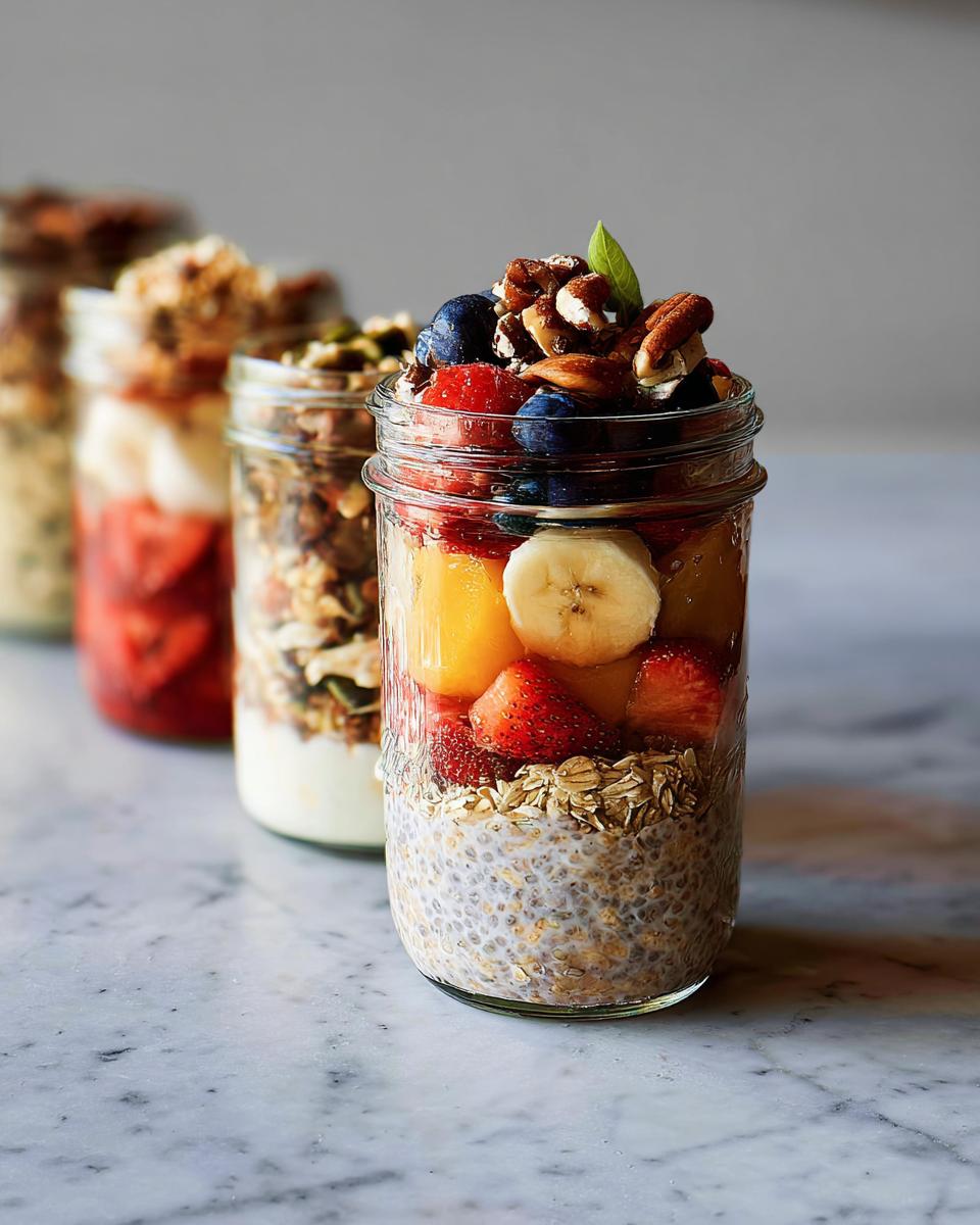 Four mason jars filled with layers of healthy meals recipes: chia pudding, oats, yogurt, fruit, and granola.