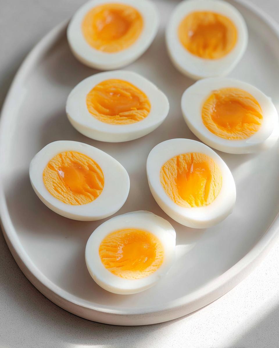 Six perfectly boiled eggs, halved, showcasing their vibrant orange yolks, ideal for healthy meals recipes and meal prep.