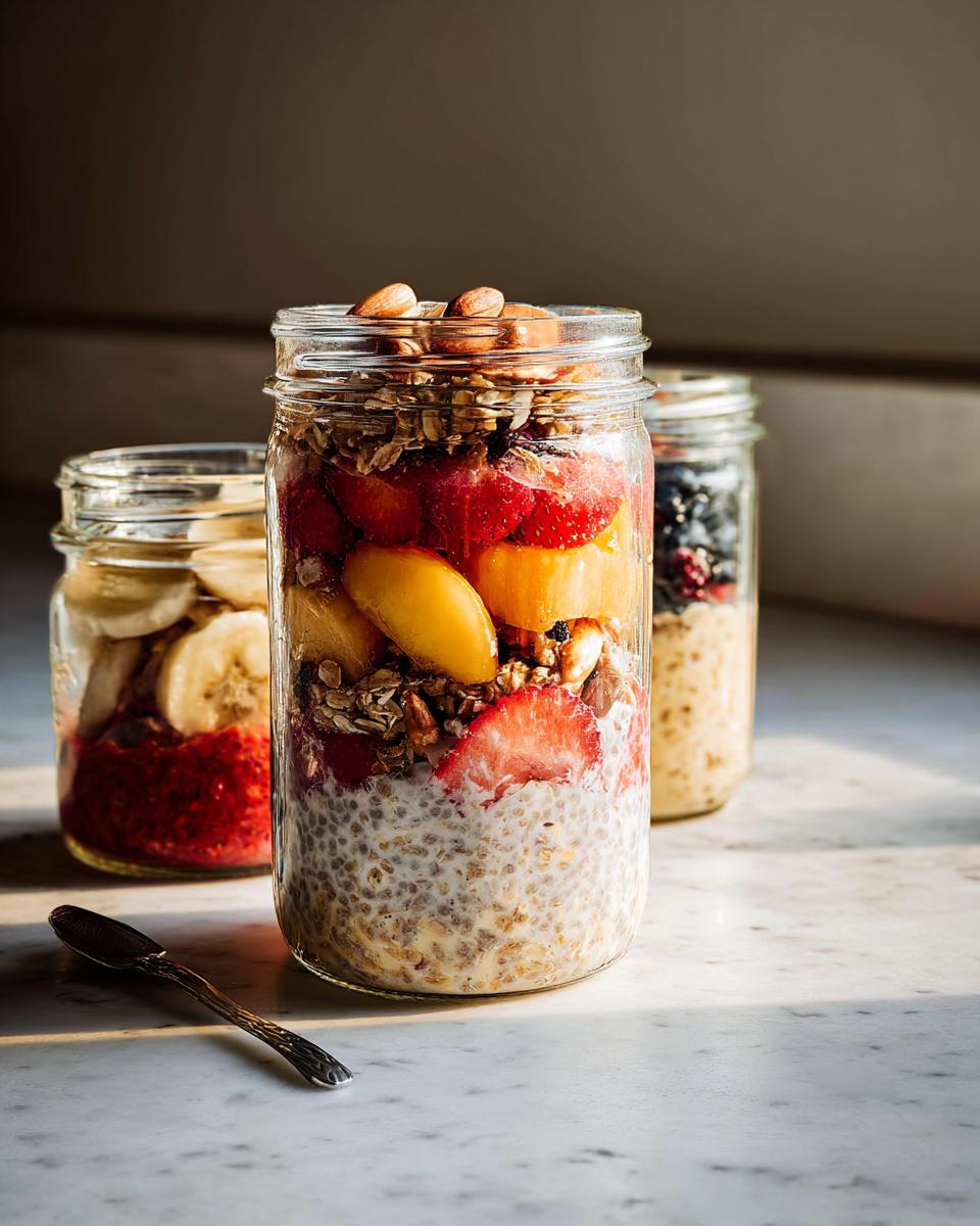 Three mason jars filled with healthy meals recipes: overnight oats layered with fruit, granola, and nuts.