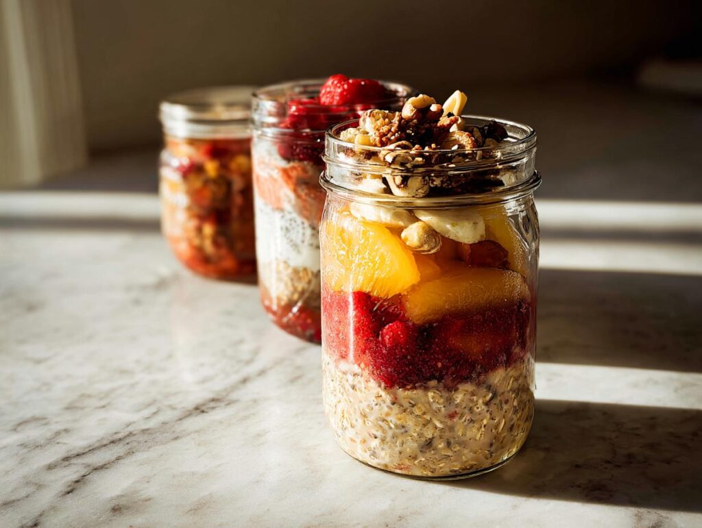 Three jars filled with layered healthy meals recipes: overnight oats, fruit, and nuts.