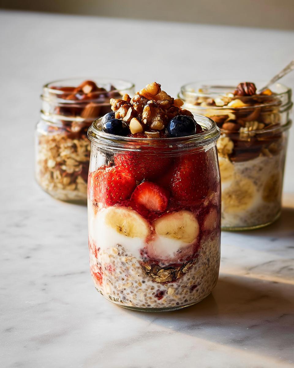 Overnight oats in a jar layered with yogurt, strawberries, bananas, and topped with nuts and blueberries. Part of Healthy Meals Recipes.