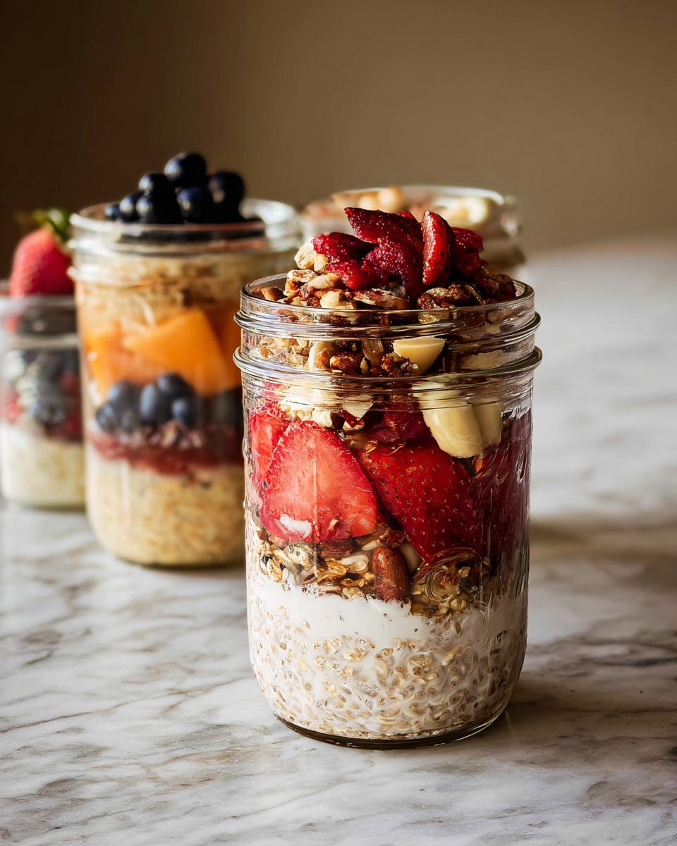 Three jars filled with healthy meals recipes: overnight oats layered with yogurt, fruit, and granola. The front jar features strawberries and banana.