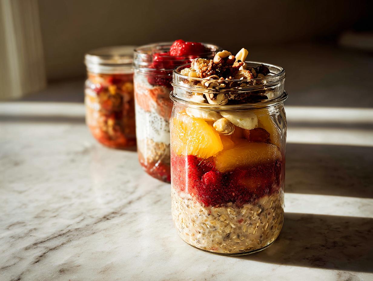 Three jars filled with layered healthy meals recipes: overnight oats, fruit, and nuts.