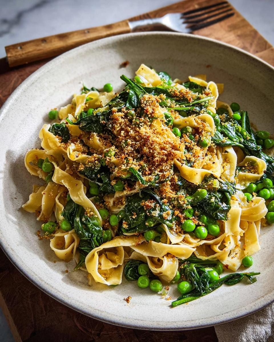 A close-up of a bowl of pasta with peas, spinach, and toasted breadcrumbs, representing healthy meals recipes.