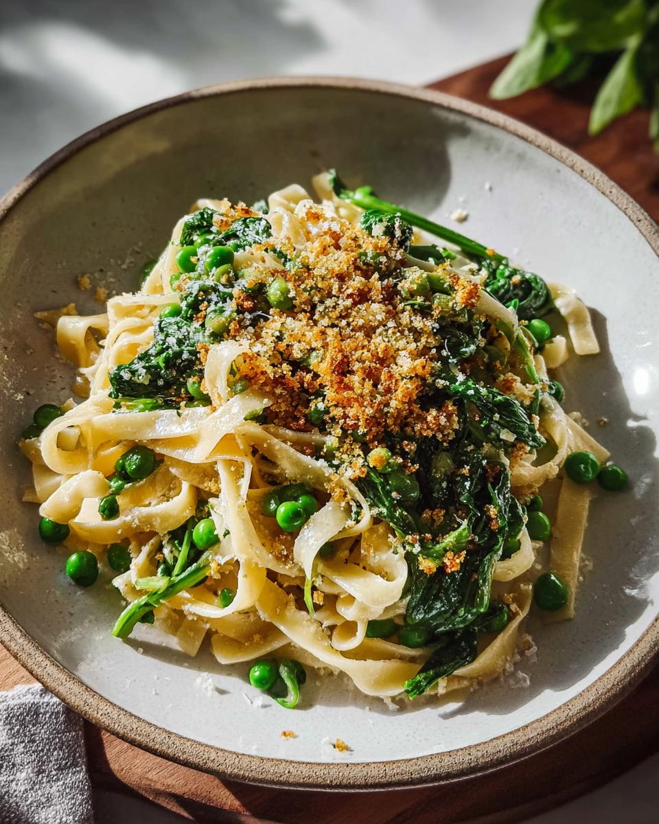 Close-up of a healthy meal recipe: pasta with peas, spinach, and toasted breadcrumbs.