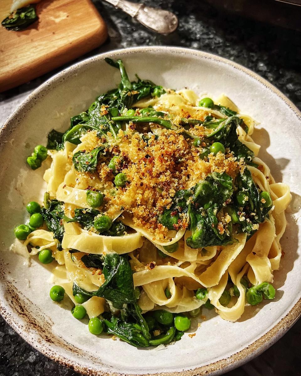 A close-up of healthy pasta with spinach, peas, and toasted breadcrumbs, perfect for quick healthy meals recipes.