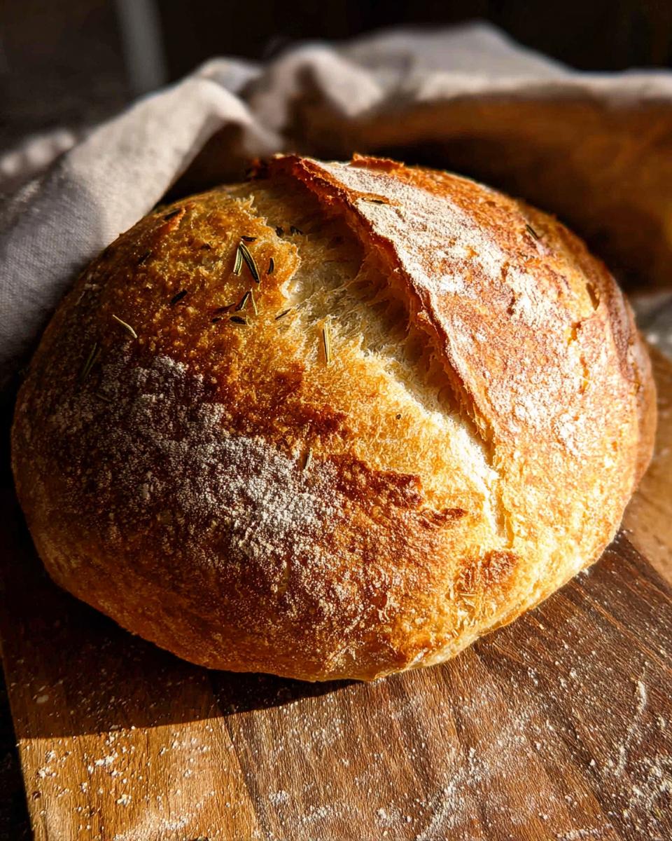A golden-brown, rustic loaf of rosemary bread dusted with flour, resting on a wooden board.