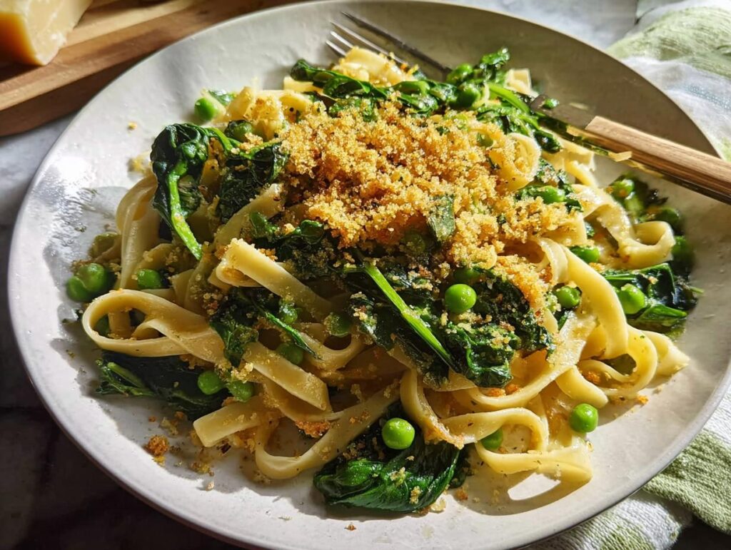 A plate of healthy pasta with spinach, peas, and toasted breadcrumbs, perfect for quick meals.