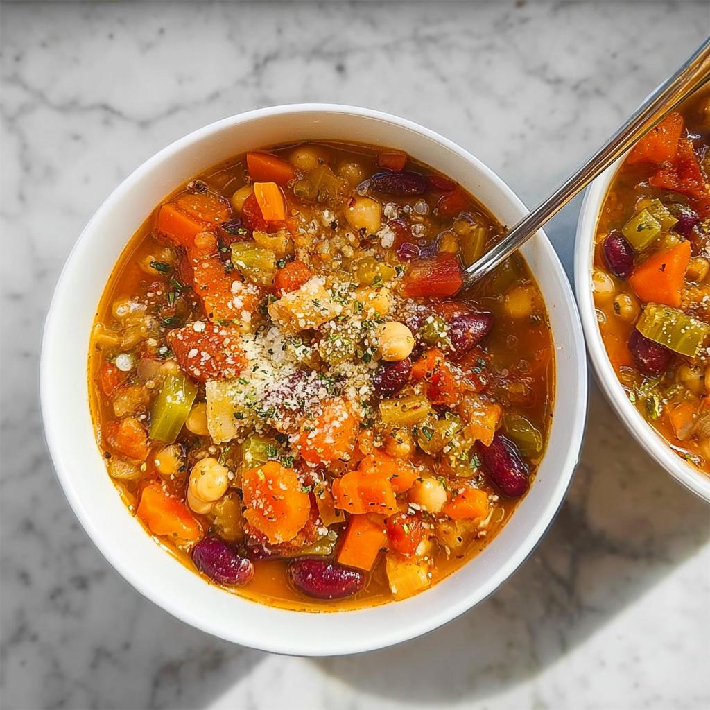 A close-up of a bowl filled with a hearty vegetable soup recipe, featuring carrots, celery, beans, and chickpeas, topped with parmesan cheese.