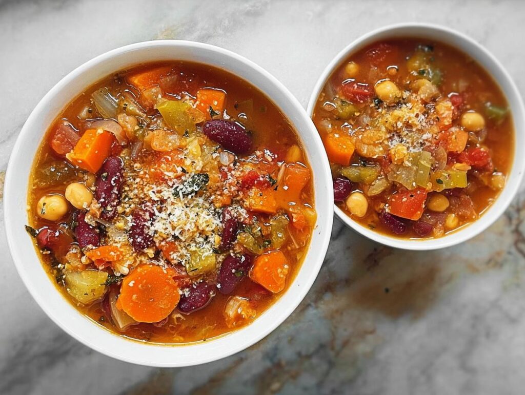 Two bowls of hearty vegetable soup recipe filled with beans, carrots, and other vegetables, topped with grated cheese.