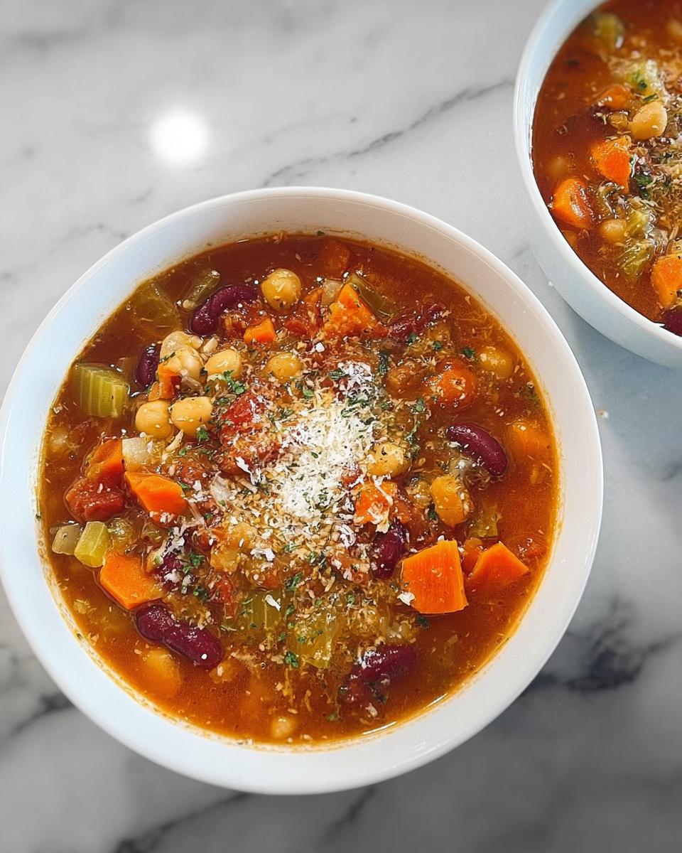 A close-up of a bowl filled with a hearty vegetable soup recipe, featuring beans, chickpeas, carrots, and celery.