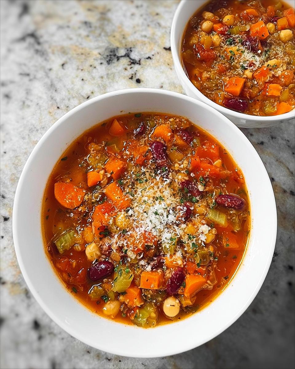 Two bowls of hearty vegetable soup, filled with carrots, celery, beans, and quinoa, topped with grated cheese and herbs.