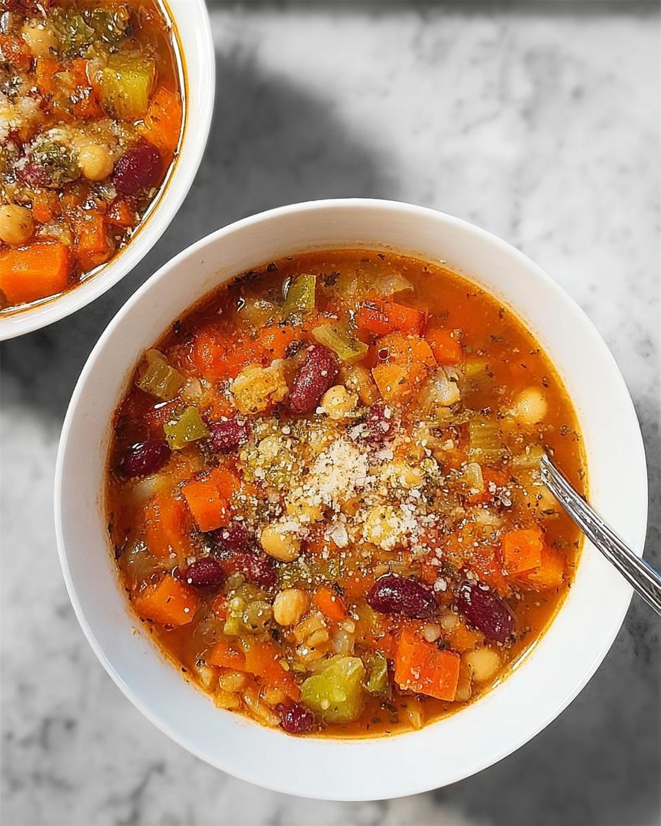 A close-up of a bowl of hearty vegetable soup recipe, packed with carrots, beans, and chickpeas, topped with parmesan cheese.