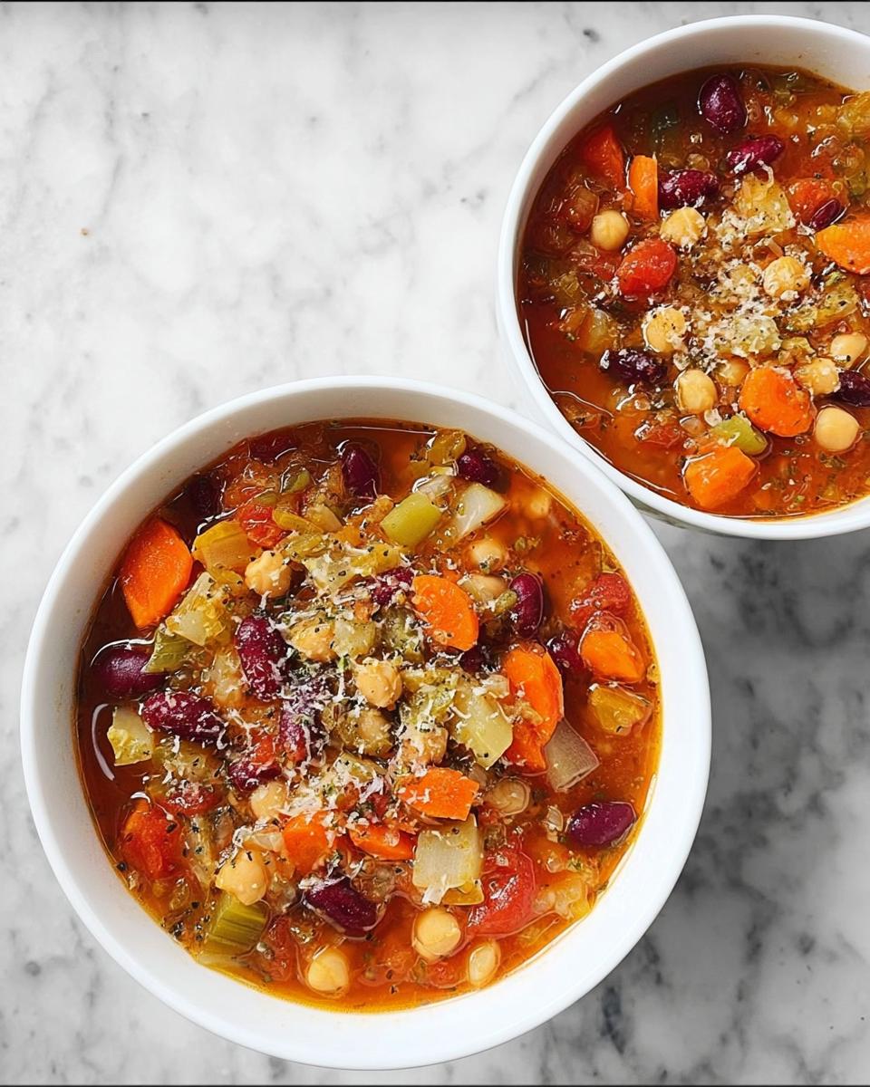 Two bowls of hearty vegetable soup recipes filled with beans, chickpeas, carrots, and celery, topped with grated cheese.