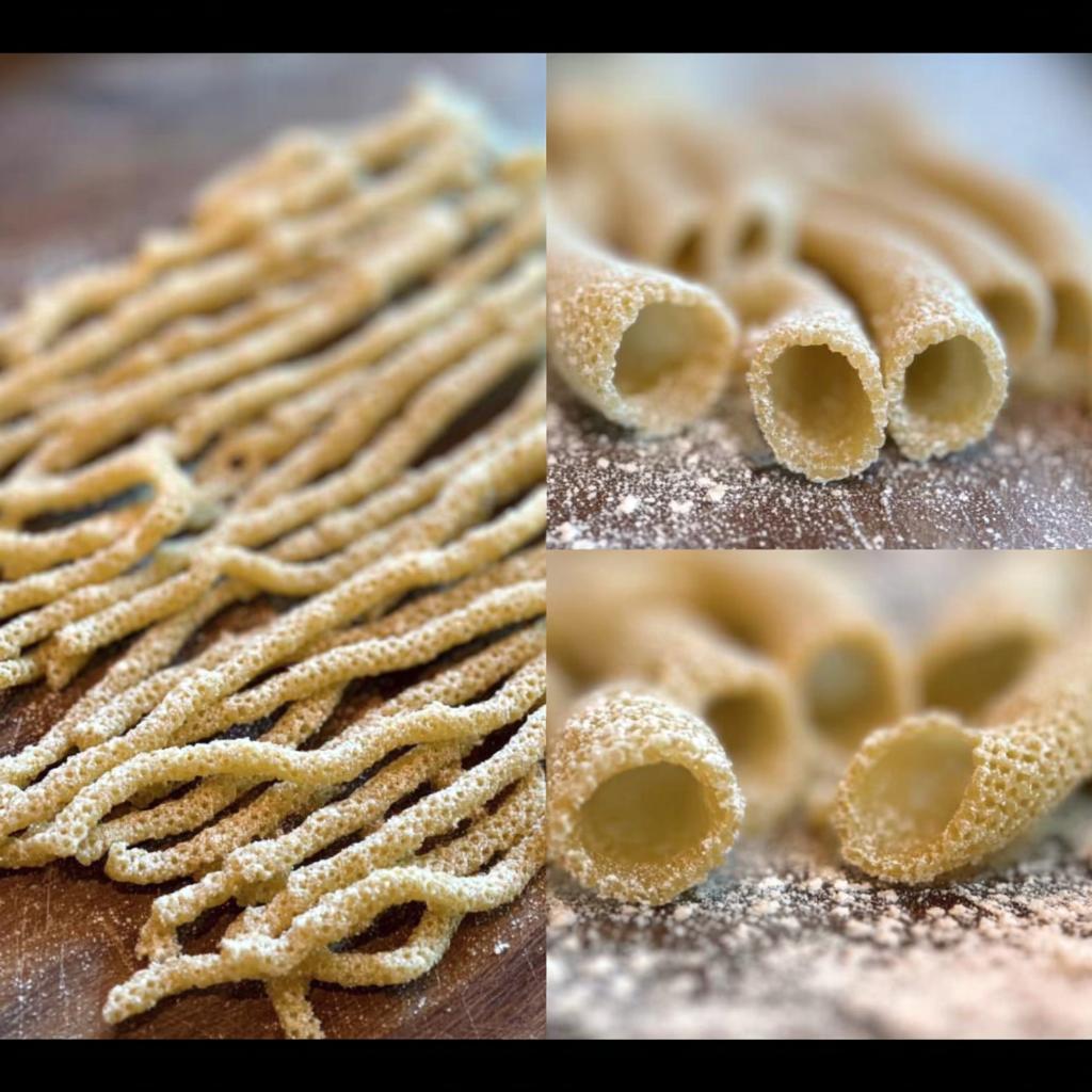 Close-up of fresh, homemade pasta shapes, showcasing their texture and hollow centers, perfect for pasta recipes.