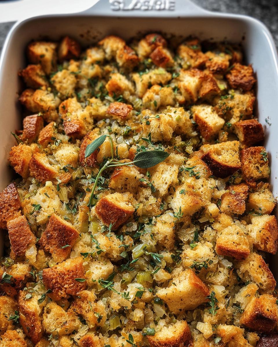 Close-up of a baking dish filled with golden-brown homemade stuffing, garnished with fresh sage and thyme.