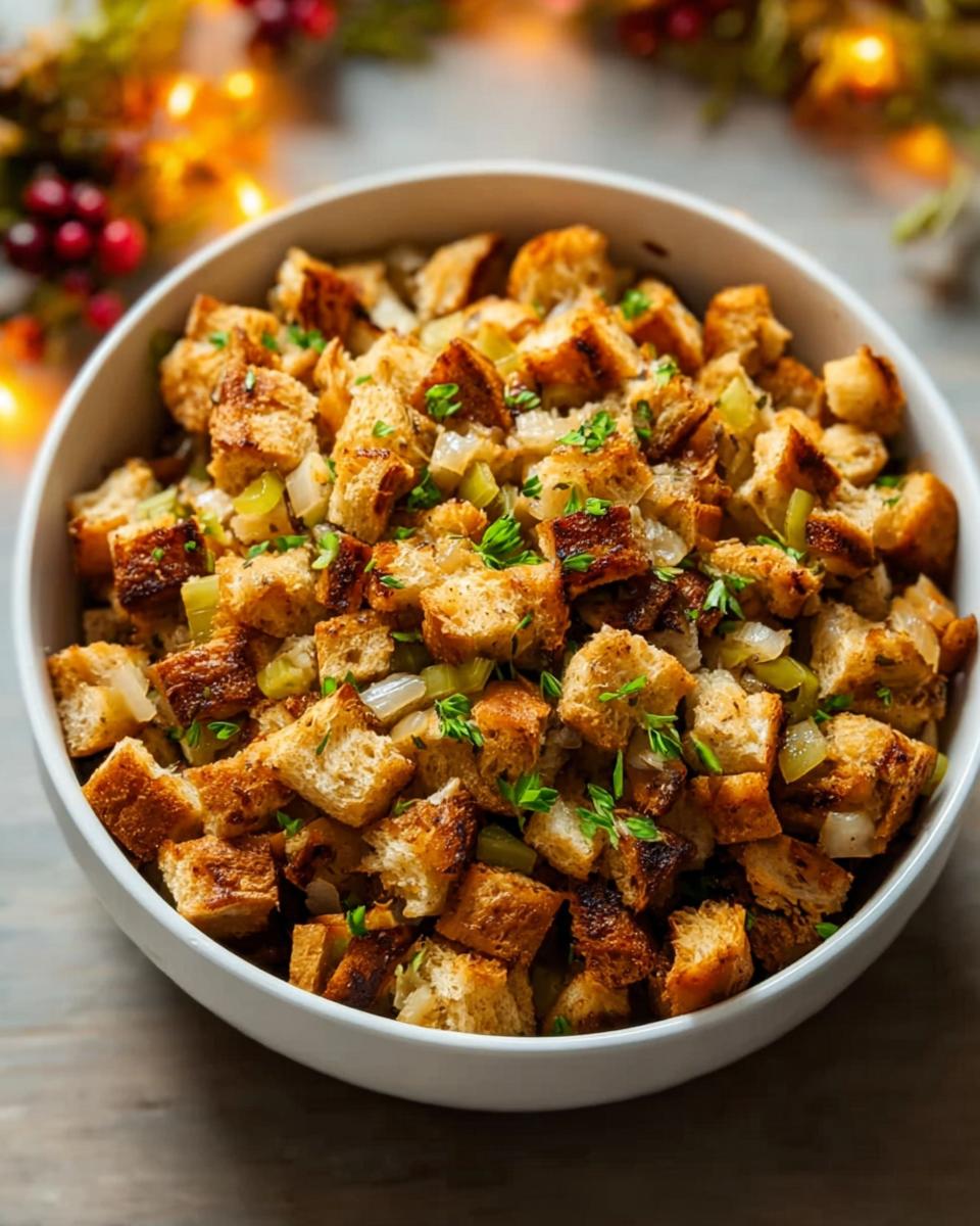A bowl of homemade stuffing with toasted bread cubes, celery, and onions, garnished with fresh parsley.