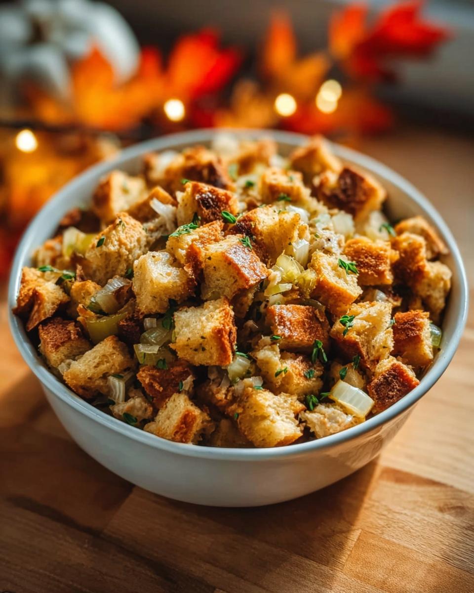 A close-up of a white bowl filled with homemade stuffing, featuring toasted bread cubes, celery, and onions, garnished with parsley.