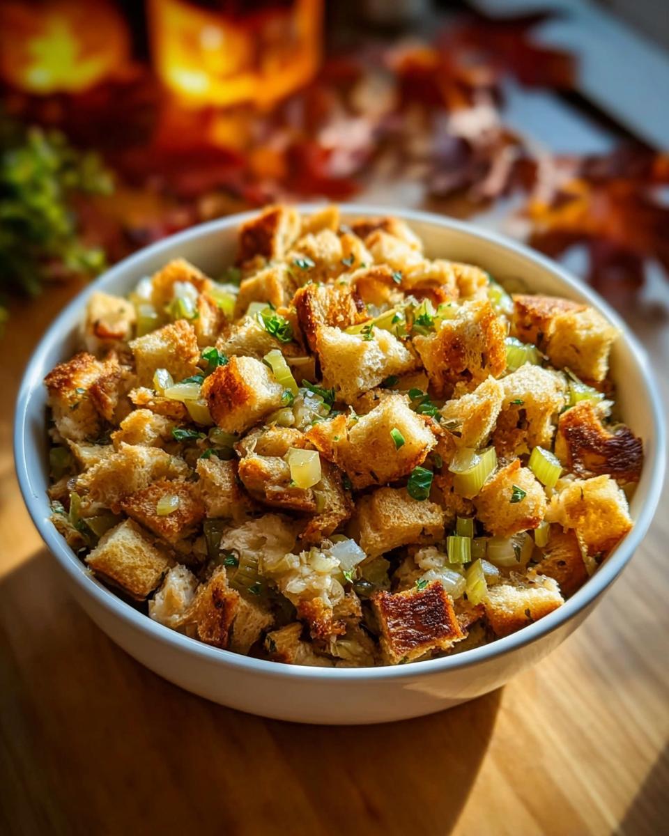 A close-up of a bowl filled with homemade stuffing, featuring toasted bread cubes, celery, and herbs.