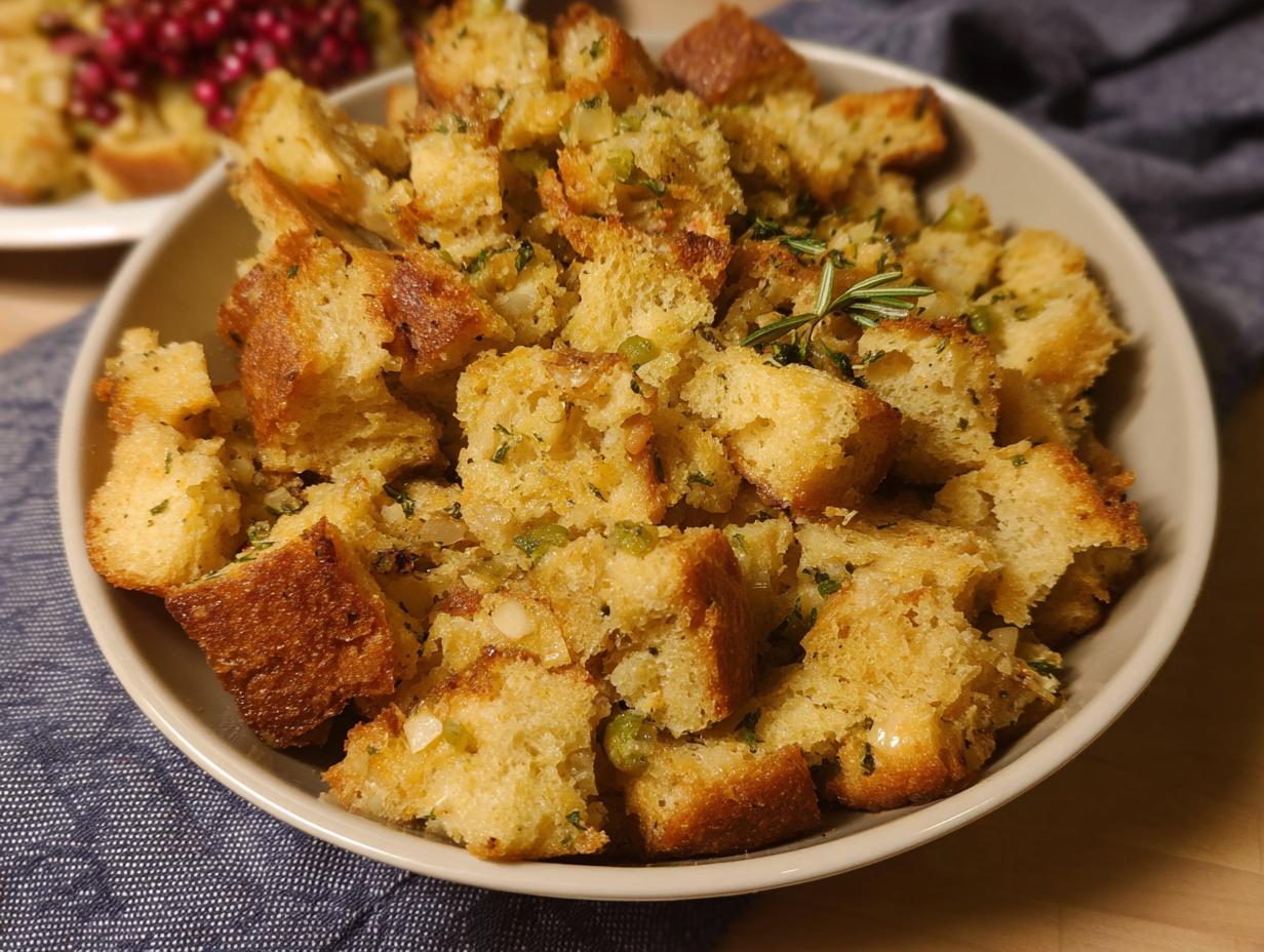 A close-up of a bowl filled with golden-brown homemade stuffing, featuring cubed bread, herbs, and aromatics.