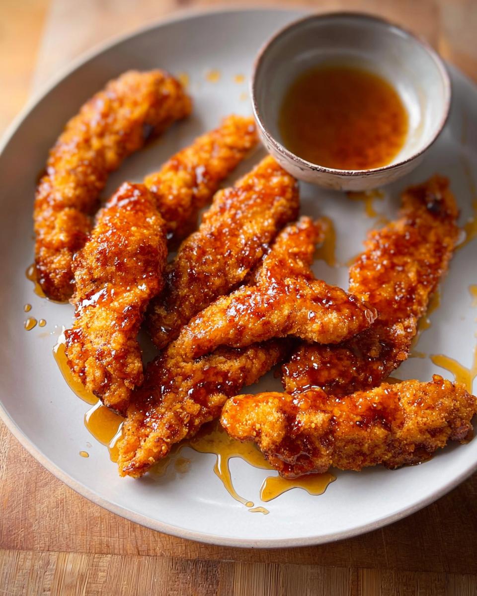 Crispy hot honey chicken tenders drizzled with sauce on a plate, a restaurant-style chicken recipe.