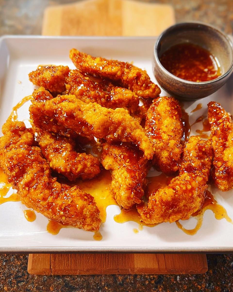 Crispy hot honey chicken tenders drizzled with sauce, served with a side of dipping sauce.