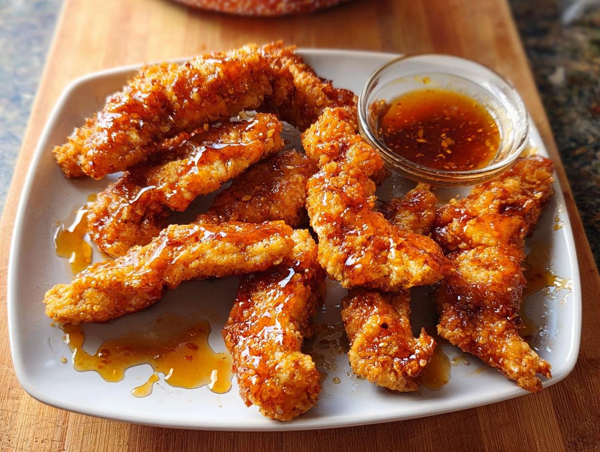 Crispy hot honey chicken tenders drizzled with sauce, served with a small bowl of dipping sauce.