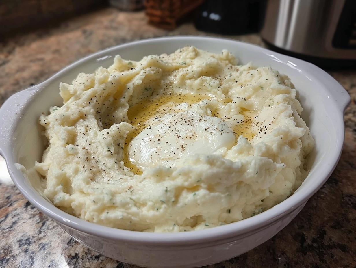 A bowl of creamy mashed potatoes topped with butter, herbs, and cracked black pepper.