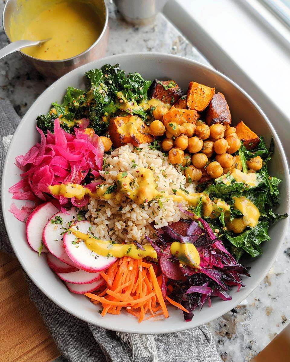 A vibrant and healthy rice bowl recipe featuring brown rice, roasted sweet potatoes, chickpeas, kale, radishes, and shredded carrots, drizzled with a yellow dressing.