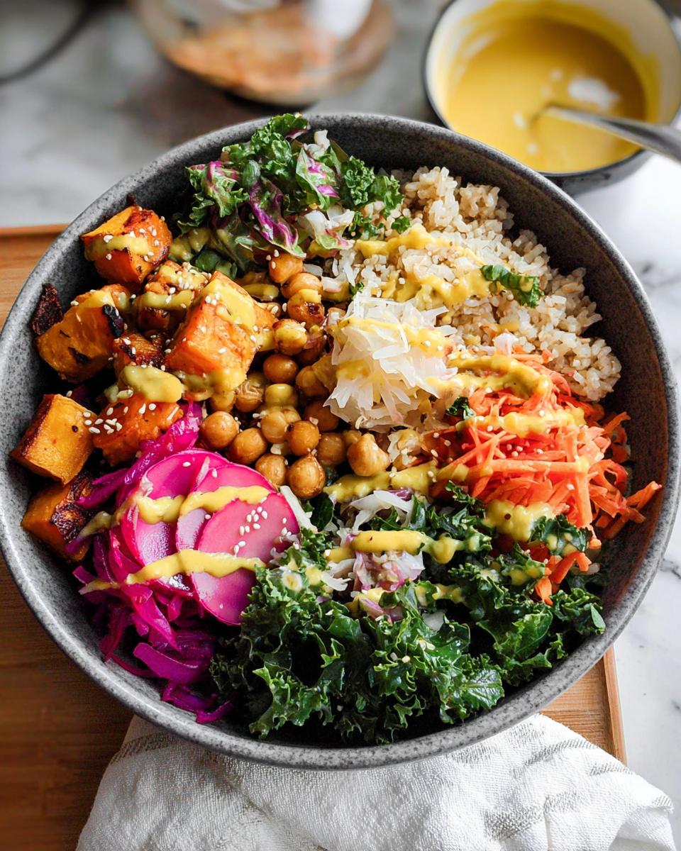 A vibrant and colorful rice bowl recipe featuring roasted sweet potatoes, chickpeas, kale, shredded carrots, and pickled red onions, drizzled with a creamy dressing.