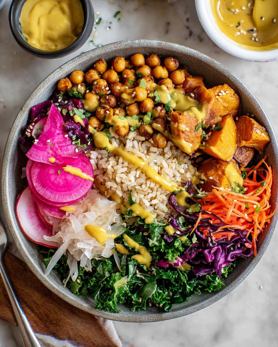 A vibrant and healthy rice bowl recipe featuring brown rice, roasted sweet potatoes, chickpeas, kale, shredded carrots, red cabbage, and pickled radishes, drizzled with a creamy yellow sauce.