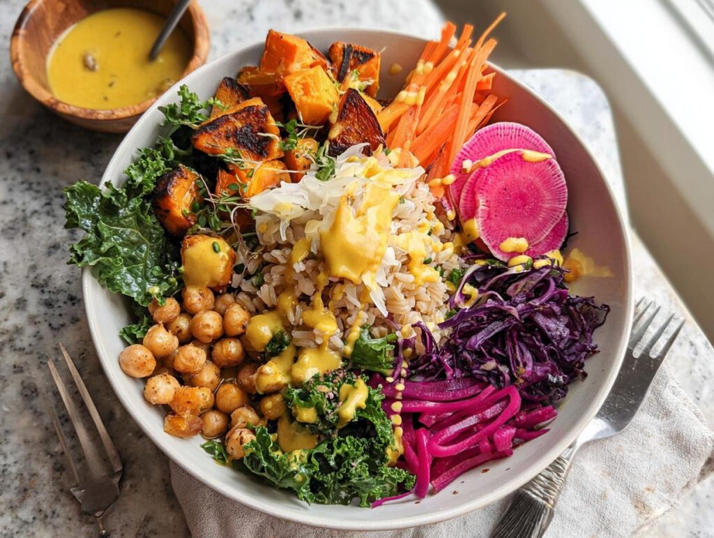A vibrant and healthy rice bowl recipe featuring roasted sweet potatoes, chickpeas, kale, shredded carrots, red cabbage, and pickled onions, drizzled with dressing.
