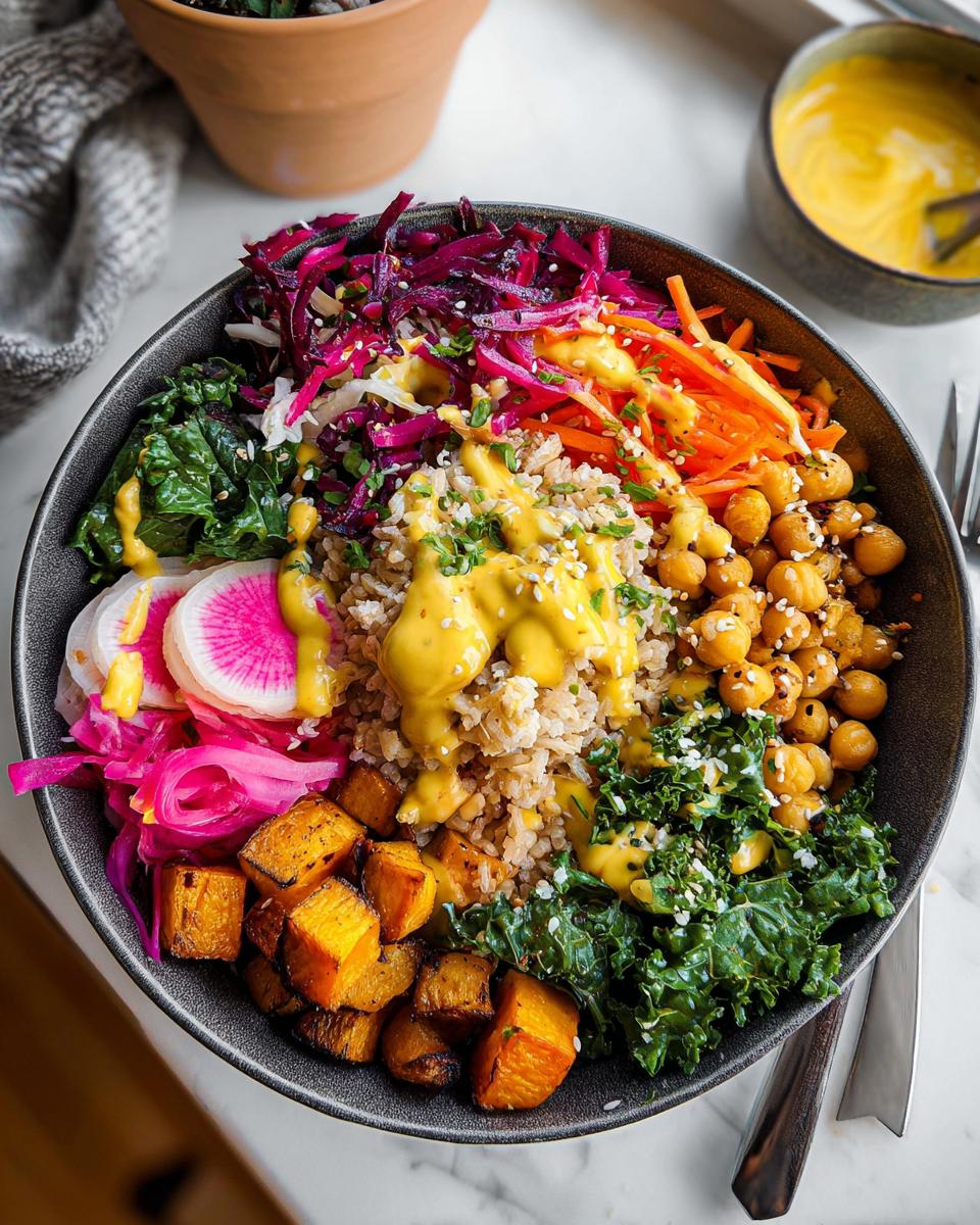A vibrant and healthy rice bowl recipe with brown rice, roasted pumpkin, chickpeas, kale, and pickled vegetables, drizzled with a creamy yellow sauce.