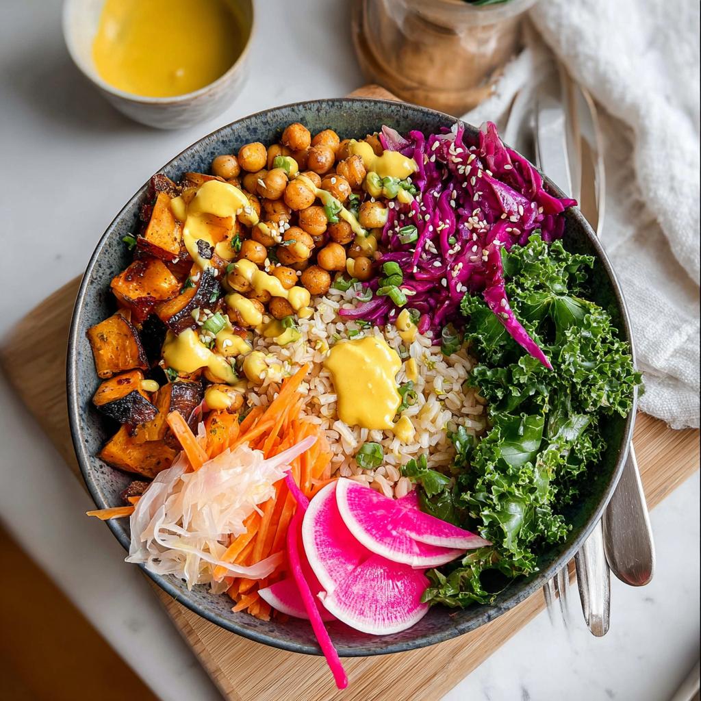 A vibrant and healthy rice bowl recipe filled with brown rice, roasted sweet potatoes, chickpeas, kale, red cabbage, and pickled vegetables.