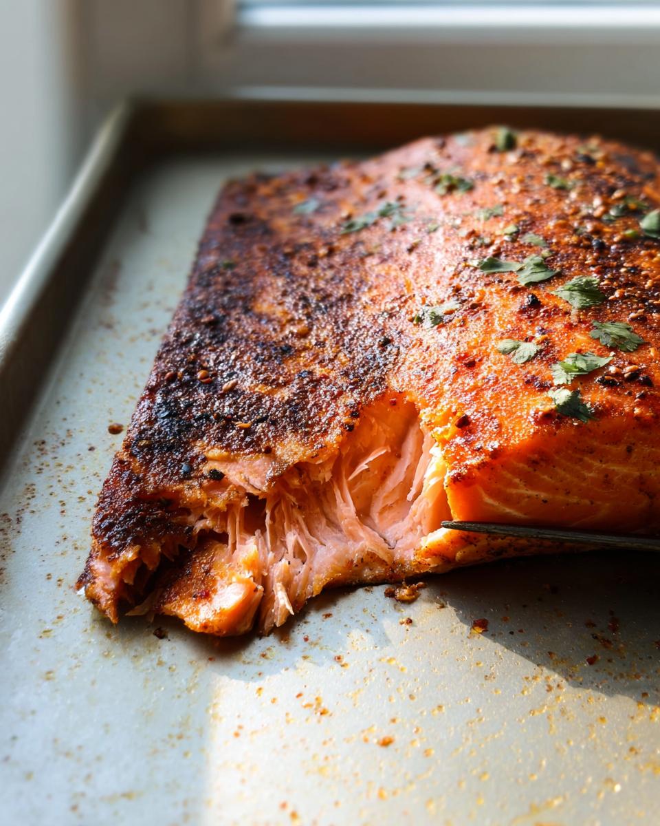 Close-up of a flaky, seasoned salmon fillet on a baking sheet, showcasing its moist texture.