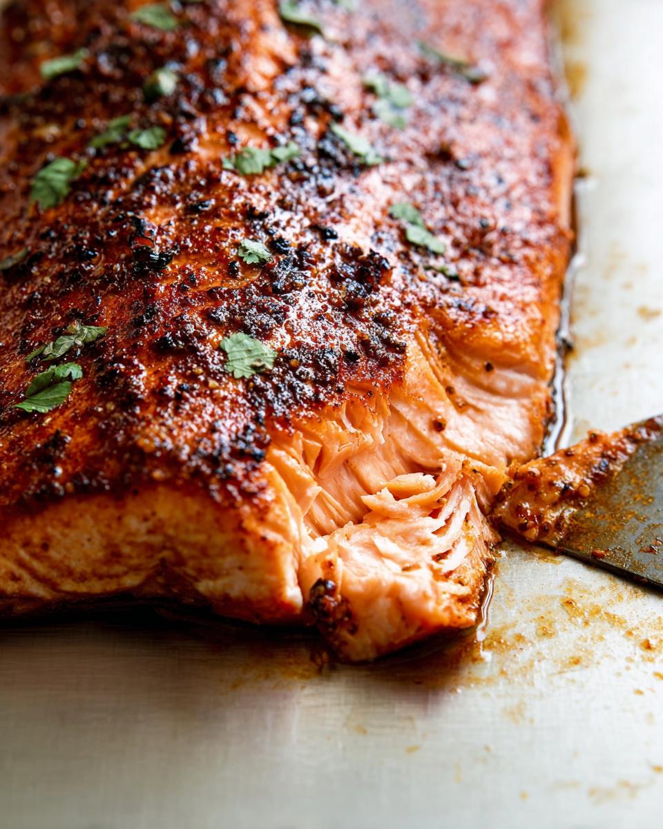 Close-up of a flaky, perfectly cooked salmon fillet with a seasoned crust and fresh cilantro.