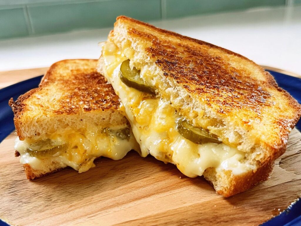 A close-up of a gooey grilled cheese sandwich with melted cheese and jalapeno slices, perfect for busy weeknights.