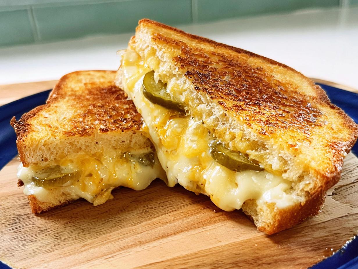 A close-up of a gooey grilled cheese sandwich with melted cheese and jalapeno slices, perfect for busy weeknights.