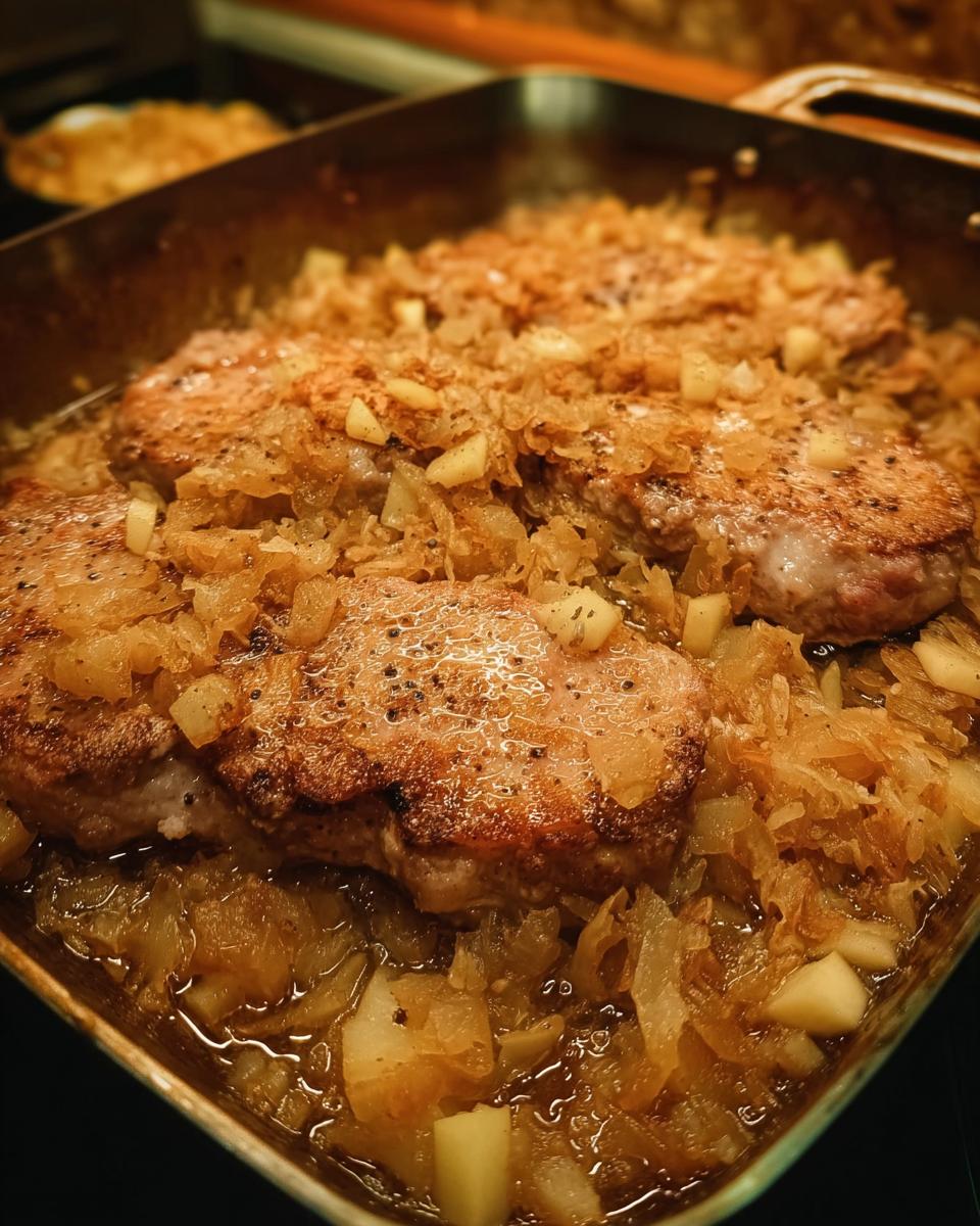 Close-up of juicy pork chops cooked in a pan with onions, part of a 10 minute pork chops recipe.
