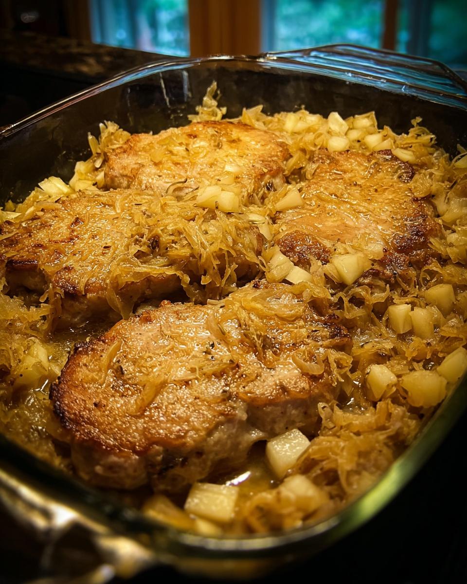 Close-up of juicy pork chops baked with sauerkraut and diced apples in a glass baking dish, a quick weeknight meal.