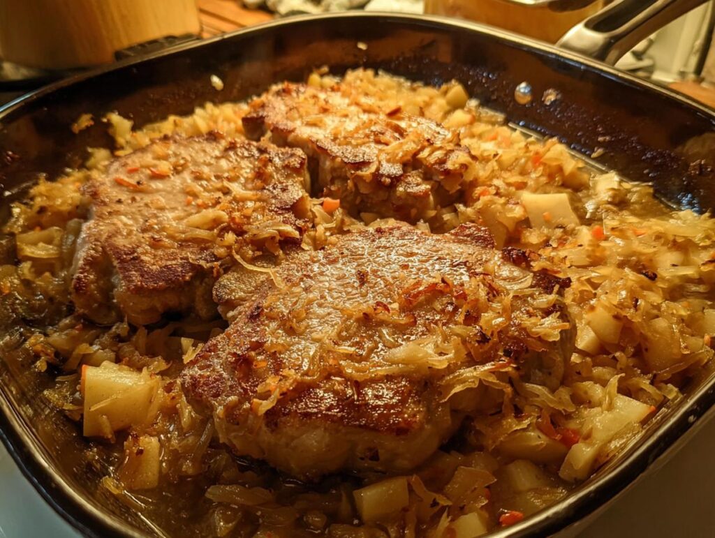 Three juicy pork chops cooked in a skillet with shredded cabbage, diced potatoes, and onions.