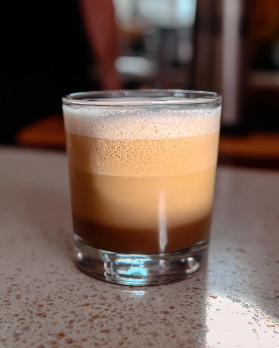 A layered Starbucks drink with dark coffee at the bottom, lighter coffee in the middle, and foamy milk on top in a clear glass.