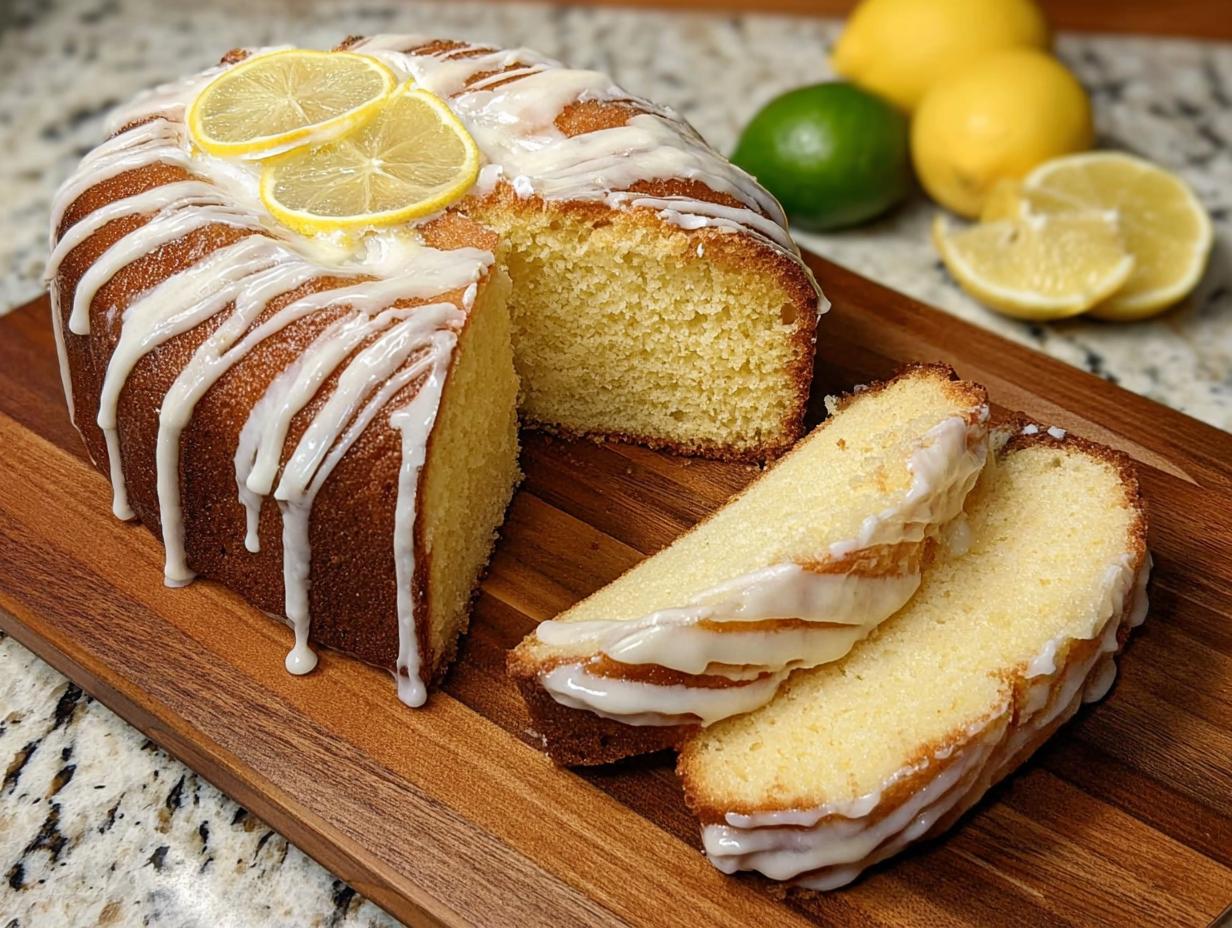 A delicious lemon cake recipe, drizzled with icing and topped with lemon slices, with two slices cut and ready to serve.