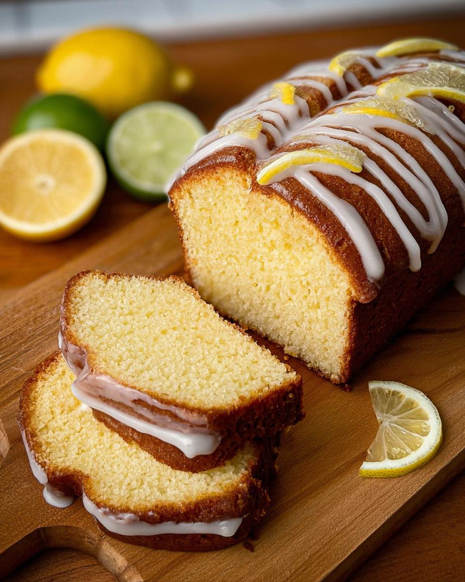 A delicious lemon cake recipe, sliced and drizzled with icing, garnished with lemon slices. Perfect for cake cravings.